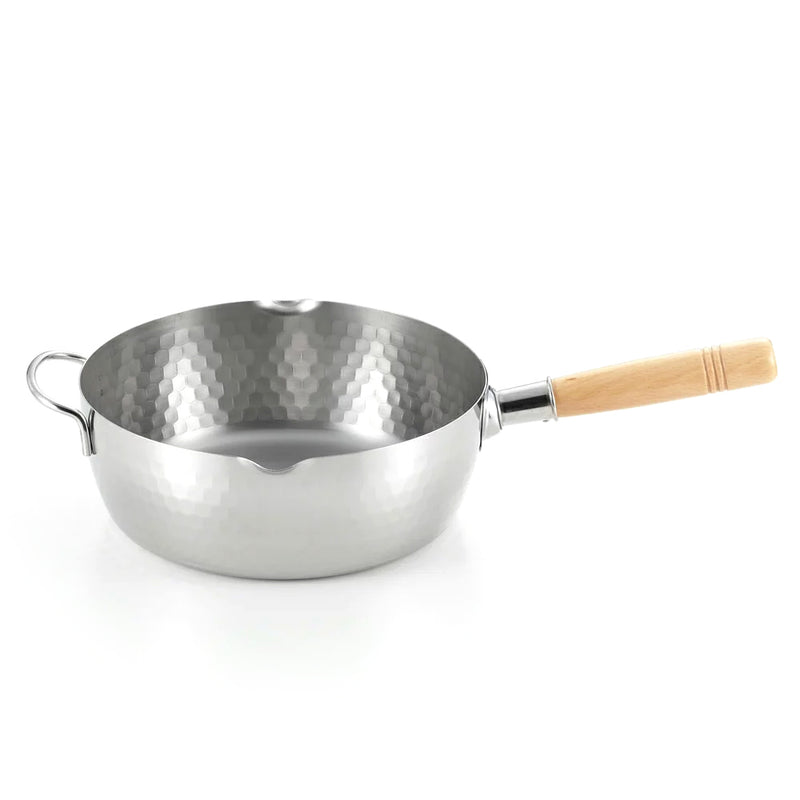 The Yoshikawa Yukihira stainless steel saucepan, showing its hammered finish, natural wood handle, and dual pouring spouts.