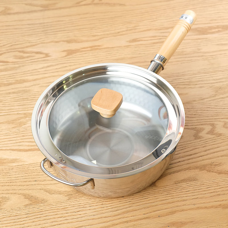 Yoshikawa Yukihira Induction Saucepan 24cm with Aiko glass lid, hammered stainless steel with wooden handle and helper handle