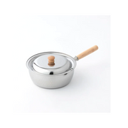 Small stainless steel pot with a wooden handle and lid on a white background