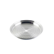 A close-up, angled view of the Yoshikawa Cook-Pal Stainless Steel Steamer - 30cm insert. It is a round, shallow, silver-coloured metal tray with many small, evenly spaced holes and a larger central hole.