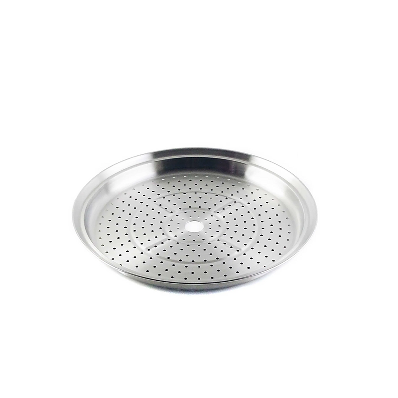 A close-up, angled view of the Yoshikawa Cook-Pal Stainless Steel Steamer - 30cm insert. It is a round, shallow, silver-coloured metal tray with many small, evenly spaced holes and a larger central hole.