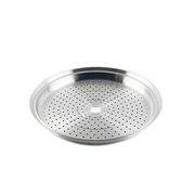 A close-up, angled view of the Yoshikawa Cook-Pal Stainless Steel Steamer - 36cm insert. It is a round, shallow, silver-coloured metal tray with many small, evenly spaced holes and a larger central hole.