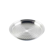 A close-up, angled view of the Yoshikawa Cook-Pal Stainless Steel Steamer - 33cm insert. It is a round, shallow, silver-coloured metal tray with many small, evenly spaced holes and a larger central hole.