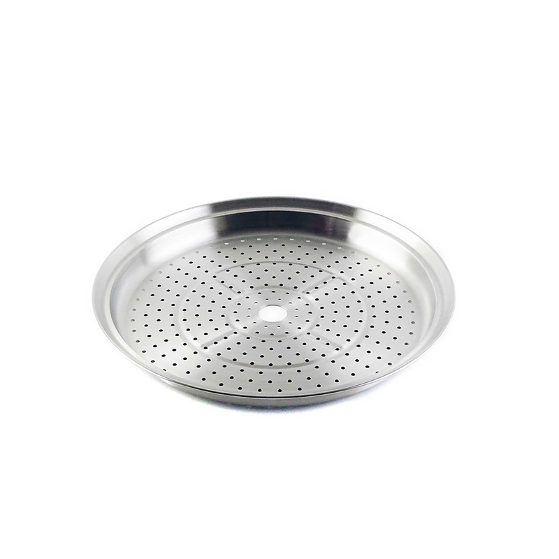 A close-up, angled view of the Yoshikawa Cook-Pal Stainless Steel Steamer - 33cm insert. It is a round, shallow, silver-coloured metal tray with many small, evenly spaced holes and a larger central hole.
