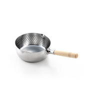 A product image of the Yoshikawa Yukihira 18cm saucepan, showing its hammered stainless steel finish, dual pouring spouts, and wooden handle.

