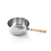 A product image of the Yoshikawa Yukihira 20cm saucepan, showing its hammered stainless steel finish, dual pouring spouts, and wooden handle.

