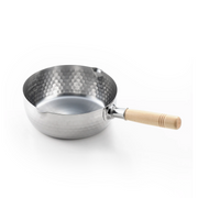 A product image of the Yoshikawa Yukihira 22cm saucepan, showing its hammered stainless steel finish, dual pouring spouts, and wooden handle.

