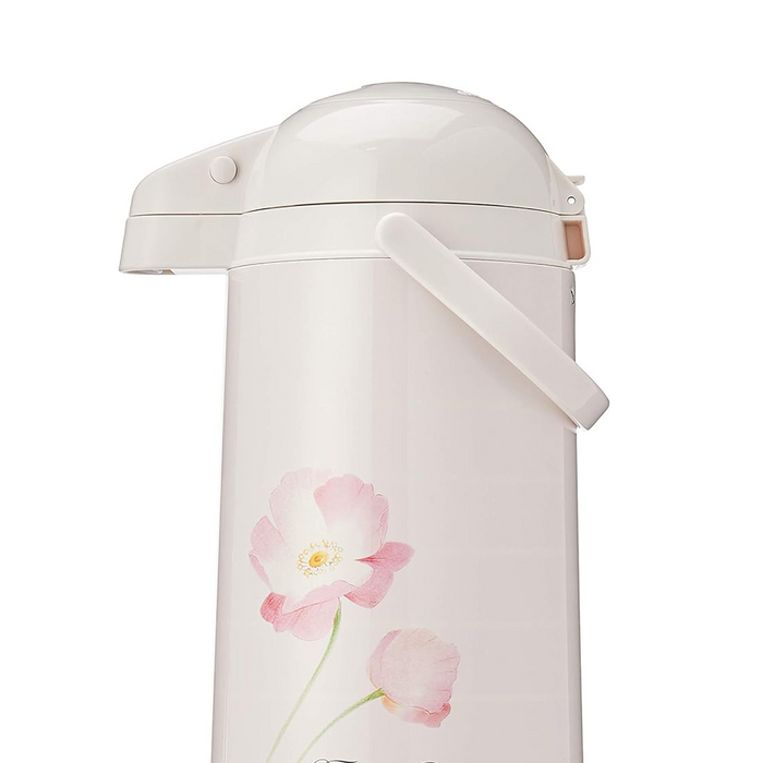 Close-up of the Zojirushi AALB-M25-DF Glass Thermal Air Pot's handle and spout, highlighting the pink floral design and the white lid.