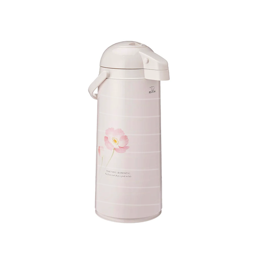 Zojirushi AALB-M25-DF Glass Thermal Air Pot 2.45L, with a pink floral design on the body and a handle on the side, shown in full view.