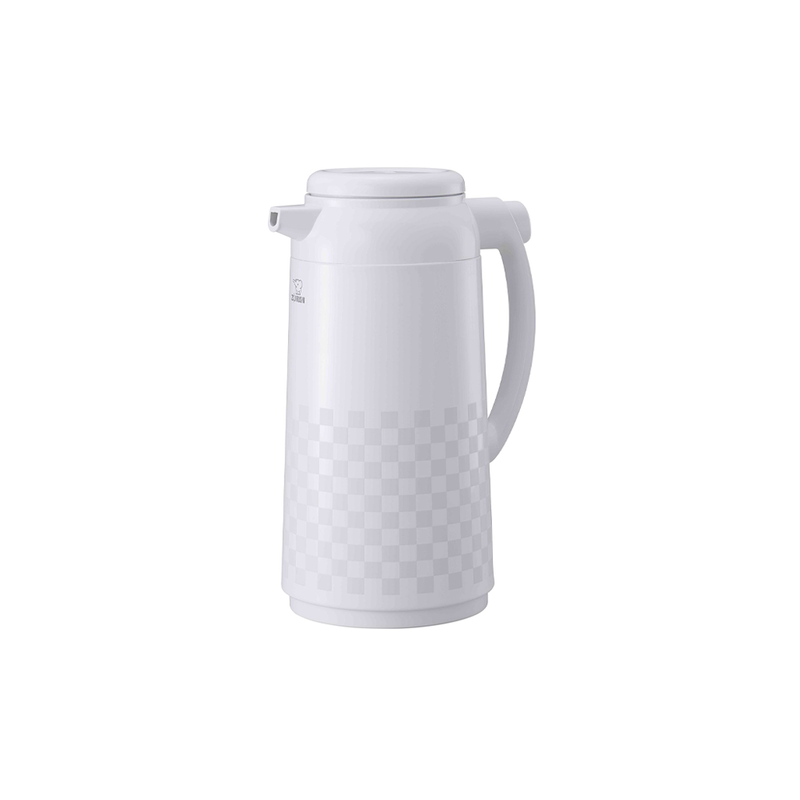 The Zojirushi Thermal Handy Pot in white, showing its sleek design and one-touch push-button lid.