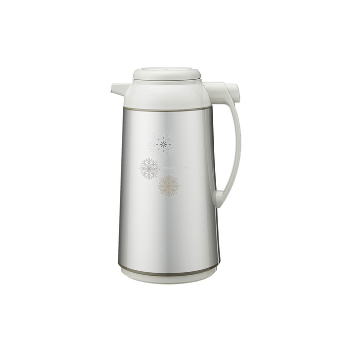 Full view of the Zojirushi AFFB-16-HX Glass Pot 1.55L in Metallic Gray, featuring a white handle and floral design.