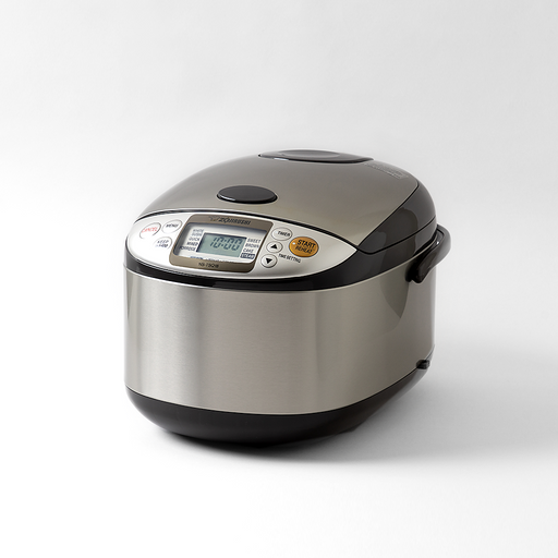 Zojirushi Micom Rice Cooker 10-cup (NS-TSQ18) in a stainless steel and brown finish, shown on a white background and displaying its digital control panel.
