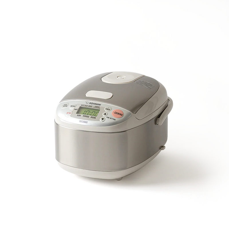 Zojirushi Micom Rice Cooker 3-cup (NS-LAQ05) in a compact, stainless steel finish, shown on a white background and displaying its digital control panel.
