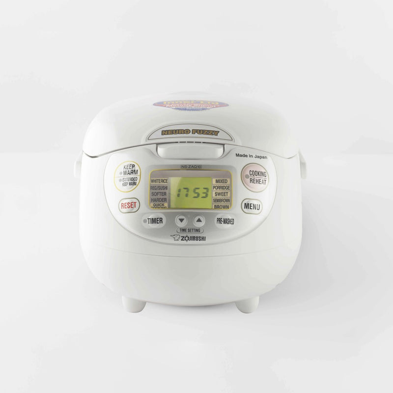 Front view of Zojirushi Neuro Fuzzy Rice Cooker NS-ZAQ10 displaying its digital control panel.

