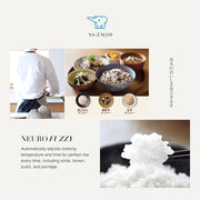 Promotional image showing a meal with rice and side dishes prepared using the Zojirushi Neuro Fuzzy Rice Cooker NS-ZAQ10.

