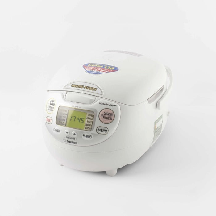The Zojirushi Neuro Fuzzy 10-cup rice cooker, showing its classic white egg-shaped design and detailed digital control panel with multiple menu settings.



