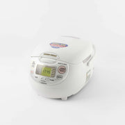 The Zojirushi Neuro Fuzzy 5.5-cup rice cooker, showing its classic white egg-shaped design and detailed digital control panel with multiple menu settings.

