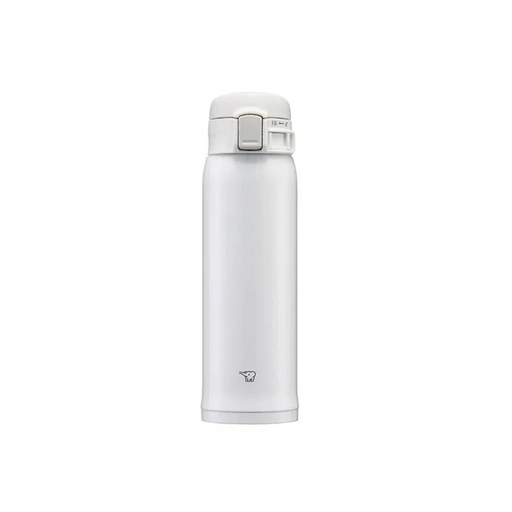 White insulated bottle with a silver cap on a white background
