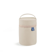 A studio photo of the cylindrical, beige Zojirushi SW-PB01 food jar pouch, shown from the front highlighting its zip-around opening and top carry loop.