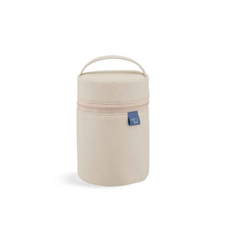 A studio photo of the cylindrical, beige Zojirushi SW-PB01 food jar pouch, shown from the front highlighting its zip-around opening and top carry loop.