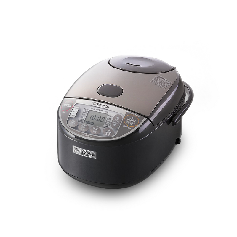 Zojirushi Micom Rice Cooker 10-cup (NL-GAQ18) in a stainless brown and black finish, shown on a white background and displaying its large digital Micom control panel.

