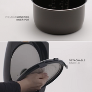 Close-up view of the Zojirushi Micom Multifunctional Rice Cooker 10 cups NL-GAQ18, highlighting its premium nonstick inner pot and the detachable inner lid feature.