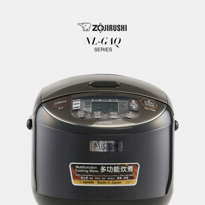 Close-up of Zojirushi Micom NL-GAQ10 Multifunctional Rice Cooker. The top displays a digital control panel with various cooking settings, while the front shows the model details and a 'Made in Japan' badge.