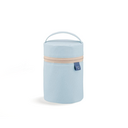 A studio photo of the cylindrical, light blue Zojirushi SW-PB01-HM food jar pouch, shown from the front highlighting its zip-around opening and top carry loop.