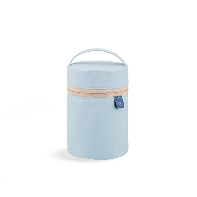 A studio photo of the cylindrical, light blue Zojirushi SW-PB01-HM food jar pouch, shown from the front highlighting its zip-around opening and top carry loop.