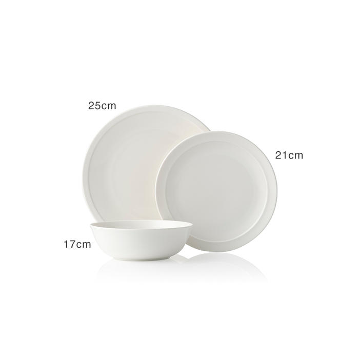 A product image showing the Adam Liaw Everyday Noritake 25cm large plate, 21cm medium plate, and 17cm medium bowl, with size labels for each.