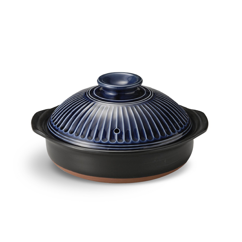 A product image of the large Size 9 Ginpo Kikka donabe, showing its black clay base and the glossy, patterned dark blue single lid.

