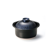 A product image of the Ginpo Kikka donabe rice pot, showing the black clay base and the glossy, patterned dark blue lid with a chrysanthemum design.

