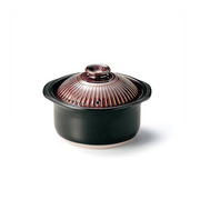 A product image of the Ginpo Kikka donabe rice pot, showing the black clay base and the glossy, patterned brown lid with a chrysanthemum design.

