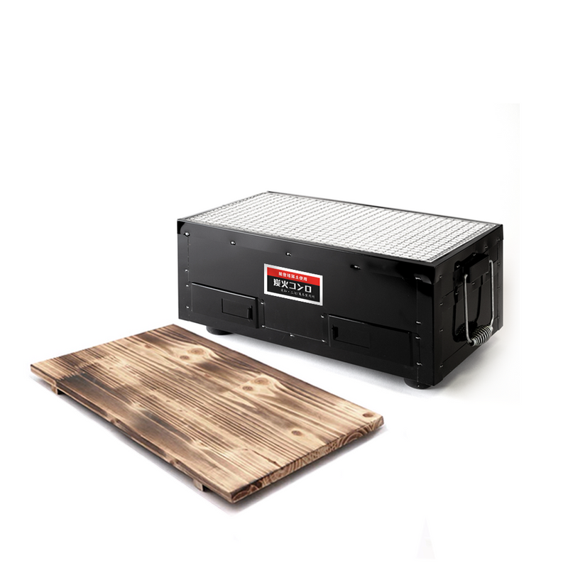 The black Mikawa konro grill shown with its optional wooden base for tabletop protection.

