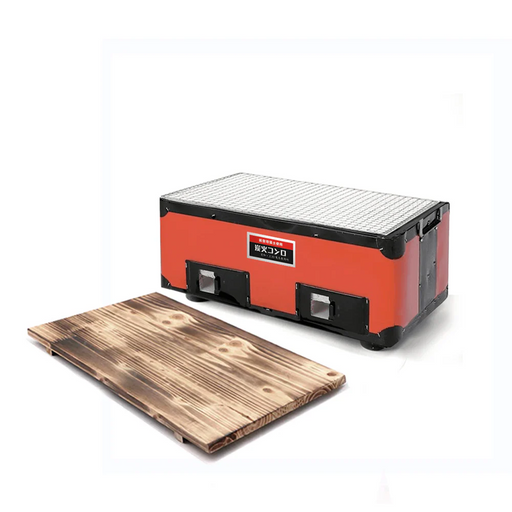 Red Mikawa konro grill shown with its wooden base set.