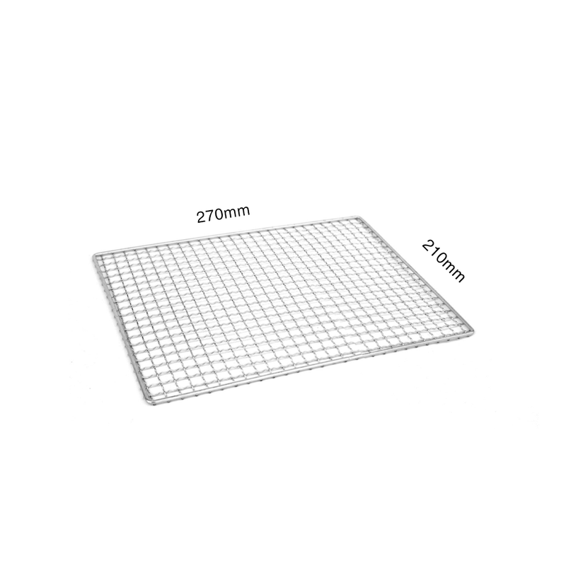 A single stainless steel grill mesh with dimensions labeled, 270mm by 210mm, designed for efficient cooking on a Konro grill.