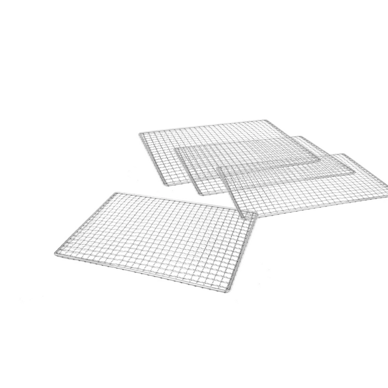 A product image of the reusable stainless steel konro grill mesh, showing four pieces included in the value pack on a white background.


