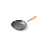 A product image of the River Light Kiwame 20cm Carbon Steel Frypan, showing its classic shape and branded natural wood handle.