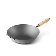 A product image of the River Light Kiwame 30cm Carbon Steel Wok, featuring its long wooden handle and a smaller helper handle for easy lifting.