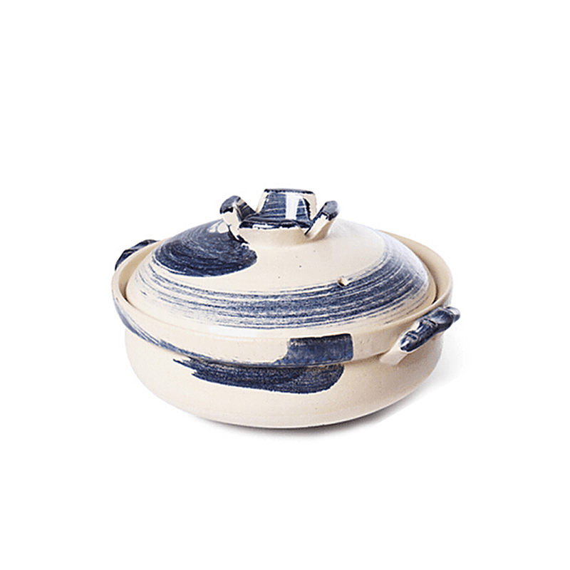 A product image of the large Size 9 Shigaraki Yaki Brush Donabe, showing its rustic sandy clay body and expressive blue brushstroke design.

