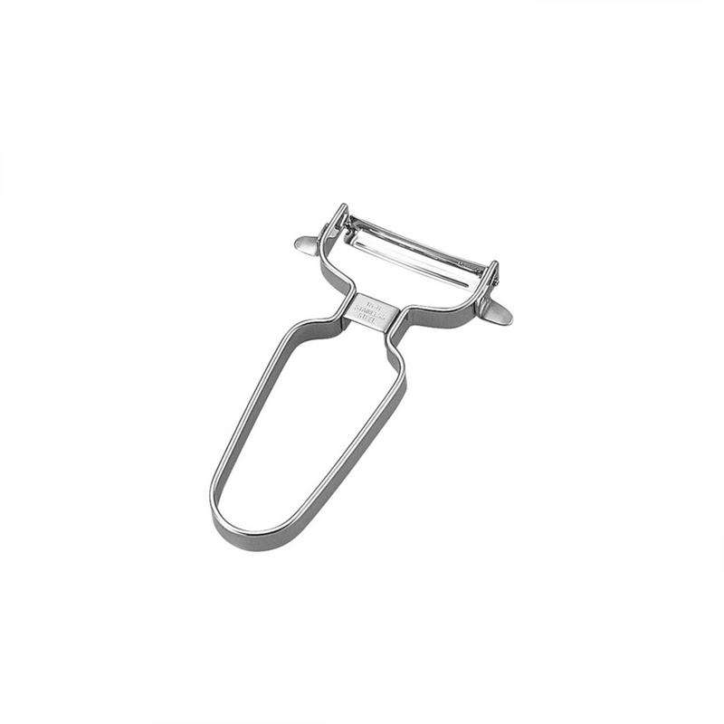 The Shimomura Kitchen Bar Series Stainless Steel Curved Peeler, a Y-peeler with a minimalist wireframe handle, shown on a plain white background.
