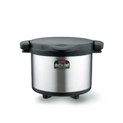 A product image of the 6-litre Thermos Shuttle Chef thermal cooker, showing its stainless steel outer pot and black lid.

