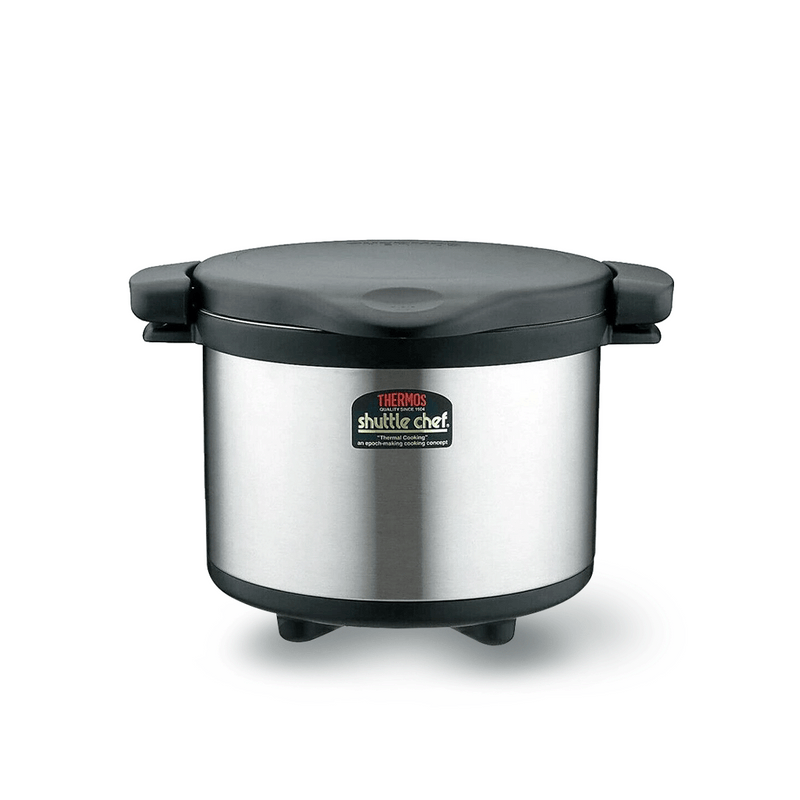 A product image of the 6-litre Thermos Shuttle Chef thermal cooker, showing its stainless steel outer pot and black lid.

