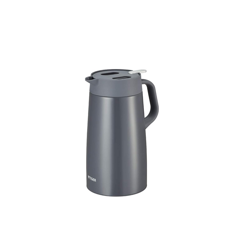 The Tiger PWO-A160HD stainless steel handy jug in dark grey, 1.6L, featuring a one-push handle and pouring spout.
