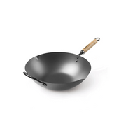A product image of the Yoshikawa Cook-Pal Ren 30cm Carbon Steel Wok, featuring its long wooden handle and a smaller helper handle for easy lifting.