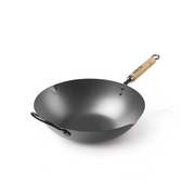 A product image of the large Yoshikawa Cook-Pal Ren 33cm Carbon Steel Wok, featuring its long wooden handle and a smaller helper handle.