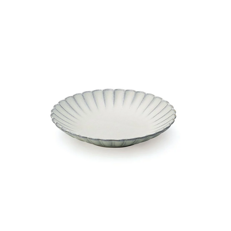 A photo of the Aito Seto Yaki Hana Side Plate in white, showcasing its fluted, flower-like shape and subtle grey rim detailing.