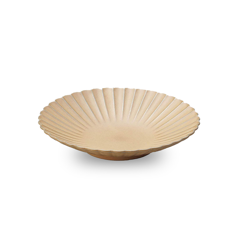 A photo of the Aito Seto Yaki Hana Dinner Plate in beige, showcasing its fluted, flower-like shape and subtle colour variations.