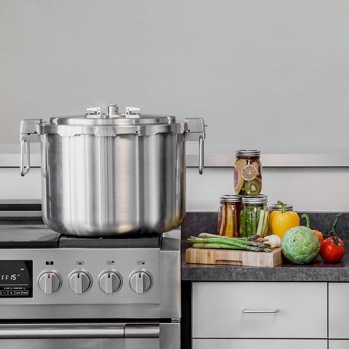 BUFFALO 35L Extra Large Pressure Cooker & Canner: on a commercial stove