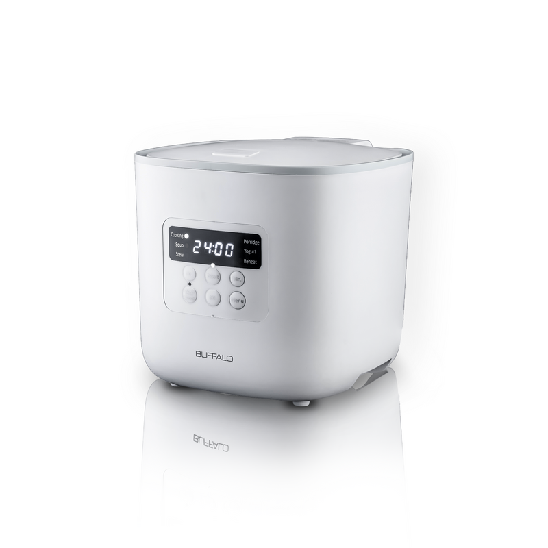 The white Buffalo Stainless Steel Mini Smart Rice Cooker, showing its modern design and digital control panel with multiple cooking functions.
